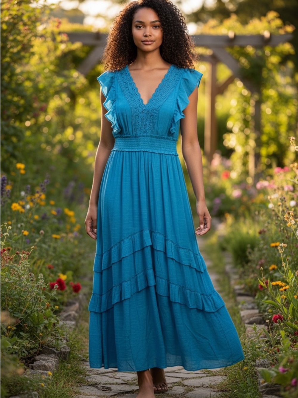 NWT KINGS ROAD Turquoise flutter SLEEVE TIERED MAXI DRESS Medium
